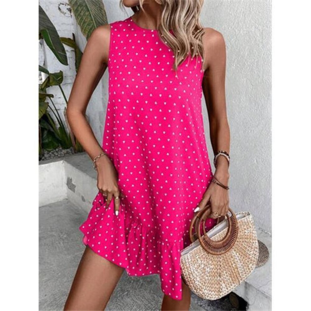 Heart Print Sleeveless Ruffle Hem Mini Dress